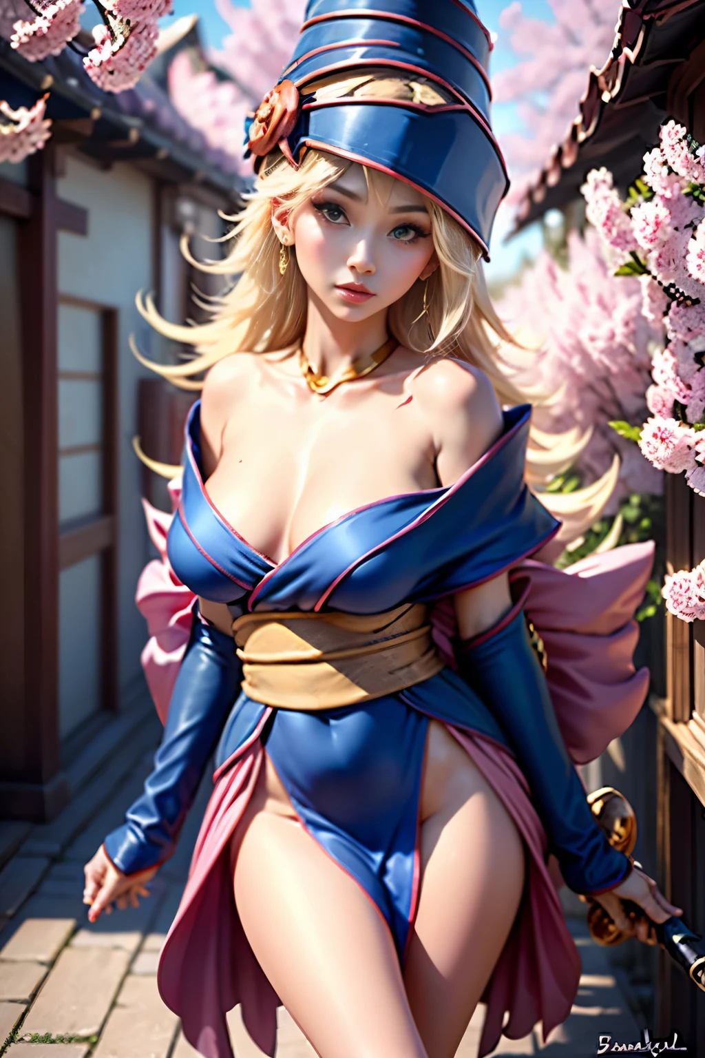 cuerpo completo,Plan completo,SFW,The Russian goddess princess in the picture of a geisha with big bright blue eyes and long fluffy Nordic type eyelashes with a perfect elegant figure and very long fluffy wavy hair of bright wheat color is in full growth in the alley against the background of Japanese pink sakura blooming in bright navy blue kimono color and Japanese shoes gain a bright navy blue color, The girl's lace kimono is intricately patterned with ultra-short frank cutouts..., Small breasts with protrusion are visible through the fabric and on the girl's ears there are beautiful earrings with precious navy blue sapphires that shine and shine in the light... The soil on which the girl is located is strewn with cherry blossoms..., The scene is highly artistic, High resolution, foco nítido, Migjorni-V5 artistic style, hiperfotorrealismo, proporciones perfectas, Photo of the golden ratio, Bengala, contorno, luz del sol, brillo suave, enfoque suave, Photo-style smooth focus through a Monocle lens.