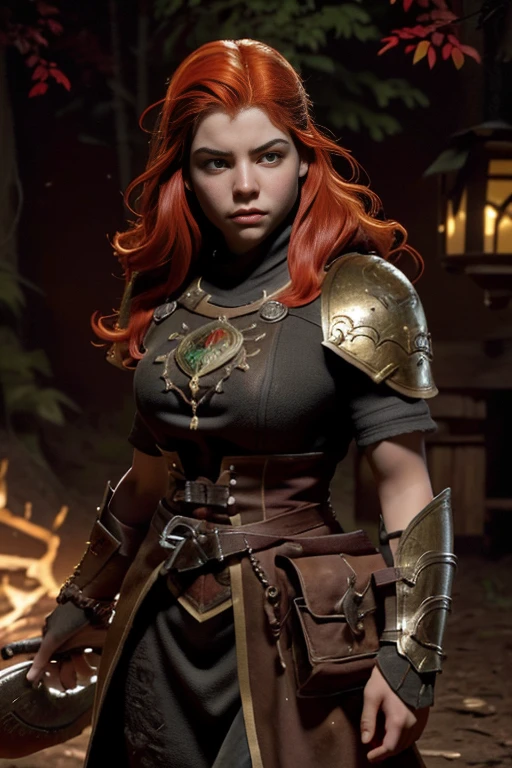 (Young 19 year old woman), (Caucasian with fiery red hair, ojos brillantes, expresiones faciales feroces) (imagen de cuerpo completo) (cuerpo delgado: 0.8) (pechos enormes: 1.5) (armadura medieval de guerrera intrincadamente detallada, capa forrada de piel, corona enjoyada), Their armor is rusted by leaves and wood. seria, extremadamente barroca, rubor suave y cara bonita, postura de ataque, hilt, sosteniendo una cimitarra, Full Scene Action, fondo de bosque, luz solar tenue, verdor, Heroic Fantasy Style, Dramatic lighting with strong contrasts of light and shadow, (obra maestra: 1.4), (fotorrealista: 1.2), (la mejor calidad), (8k), (cinematography lighting) (foco nítido), (epic composition) (Super detail), (ultra HD), Funny whimsical epic movie poster, (disparo a nivel de los ojos) , (Pro Lighting: 1.25)