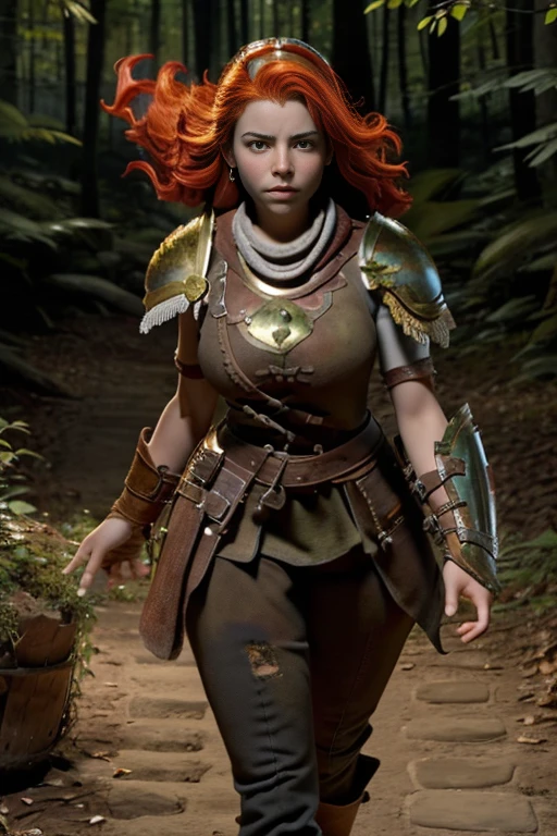 (Young 19 year old woman), (Caucasian with fiery red hair, ojos brillantes, expresiones faciales feroces) (imagen de cuerpo completo) (cuerpo delgado: 0.8) (pechos enormes: 1.5) (armadura medieval de guerrera intrincadamente detallada, capa forrada de piel, corona enjoyada), Their armor is rusted by leaves and wood. seria, extremadamente barroca, rubor suave y cara bonita, postura de ataque, hilt, sosteniendo una cimitarra, Full Scene Action, fondo de bosque, luz solar tenue, verdor, Heroic Fantasy Style, Dramatic lighting with strong contrasts of light and shadow, (obra maestra: 1.4), (fotorrealista: 1.2), (la mejor calidad), (8k), (cinematography lighting) (foco nítido), (epic composition) (Super detail), (ultra HD), Funny whimsical epic movie poster, (disparo a nivel de los ojos) , (Pro Lighting: 1.25)