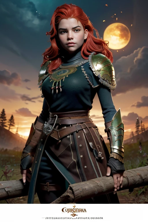 (Young 19 year old woman), (Caucasian with fiery red hair, ojos brillantes, expresiones faciales feroces) (imagen de cuerpo completo) (cuerpo delgado: 0.8) (pechos enormes: 1.5) (armadura medieval de guerrera intrincadamente detallada, capa forrada de piel, corona enjoyada), Their armor is rusted by leaves and wood. seria, extremadamente barroca, rubor suave y cara bonita, postura de ataque, hilt, sosteniendo una cimitarra, Full Scene Action, fondo de bosque, luz solar tenue, verdor, Heroic Fantasy Style, Dramatic lighting with strong contrasts of light and shadow,  (obra maestra: 1.4), (fotorrealista: 1.2), (la mejor calidad), (8k),  (cinematography lighting) (foco nítido),  (epic composition) (Super detail), (ultra HD), Funny whimsical epic movie poster, (disparo a nivel de los ojos) , (Pro Lighting: 1.25)