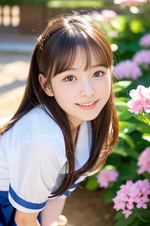 (((​masterpiece))), (One beautiful Japan girl, classmates, Pure Innocence，Innocence，kawaii) ，超hight resolution, Realistic, ultra-detailliert, 8K,top-quality, Extremely detailed, Detailed background,A slender,(a ，kawaii系,adorable 14 year oautiful girl in a short-sleeved white blouse、(Perfect body:1.1)，Super Detailed Face、Detailed lips、A detailed eye、Photorealistic:1.37，no-makeup，small gravure idol，masutepiece, Best Quality, 1girl in, nogizaka_The costume, Cowboy Shot, thighs thighs thighs thighs, Beautiful Girl, Flowers, a large number of small petals, garden, Blue sky, Looking at Viewer, Small waist, , Raw photo, unbelievable Ridiculous, face lights, Dynamic lighting, Cinematic lighting, A hyper-realistic, hight resolution, Photography, Sharp Focus, highest details, ighly detailed, ultra-detailliert, finely detail, 非常にA detailed eyeと顔，posterior view，Looking up from the ground，Please show me your beautiful teeth、 playful pose, natural beauty,Warm tones，