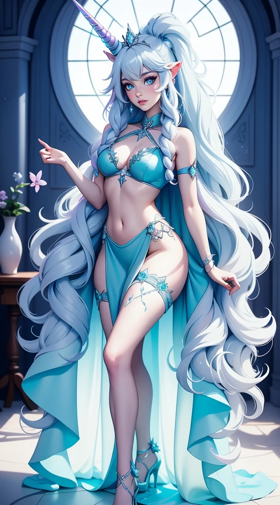 {-erro_de_anatomia:1.0} There is a white unicorn girl, blue mane and long mane, white unicorn, unicorn, unicorn horns, A unicorn, celestia, Nine stories, blue unicorn, soft dreamy, cinematic light《fangs》Unicorn in, mythological creatures, a mythical creature, Pokémon illustration, unicorns, a glaceon princess, Auroracore, ghostly iridescent, image good for rendering, laying in the bed, unicorn girl, full body.