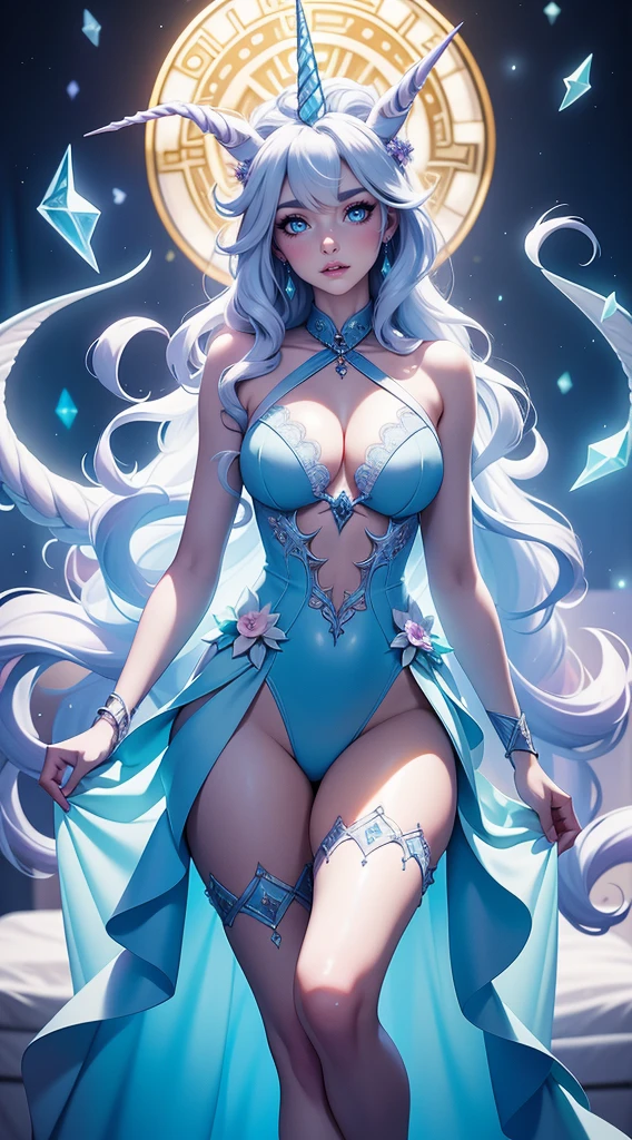 {-erro_de_anatomia:1.0} There is a white unicorn girl, blue mane and long mane, white unicorn, unicorn, unicorn horns, A unicorn, celestia, Nine stories, blue unicorn, soft dreamy, cinematic light《fangs》Unicorn in, mythological creatures, a mythical creature, Pokémon illustration, unicorns, a glaceon princess, Auroracore, ghostly iridescent, image good for rendering, laying in the bed, unicorn girl, full body.