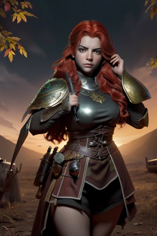 (Young 19 year old woman), (Caucasian with fiery red hair, ojos brillantes, expresiones faciales feroces) (imagen de cuerpo completo) (cuerpo delgado: 0.8) (pechos enormes: 1.5) (armadura medieval de guerrera intrincadamente detallada, capa forrada de piel, corona enjoyada), Their armor is rusted by leaves and wood. seria, extremadamente barroca, rubor suave y cara bonita, postura de ataque, hilt, sosteniendo una cimitarra, Full Scene Action, fondo de bosque, luz solar tenue, verdor, Heroic Fantasy Style, Dramatic lighting with strong contrasts of light and shadow, (obra maestra: 1.4), (fotorrealista: 1.2), (la mejor calidad), (8k), (cinematography lighting) (foco nítido), (epic composition) (Super detail), (ultra HD), Funny whimsical epic movie poster, (disparo a nivel de los ojos) , (Pro Lighting: 1.25)