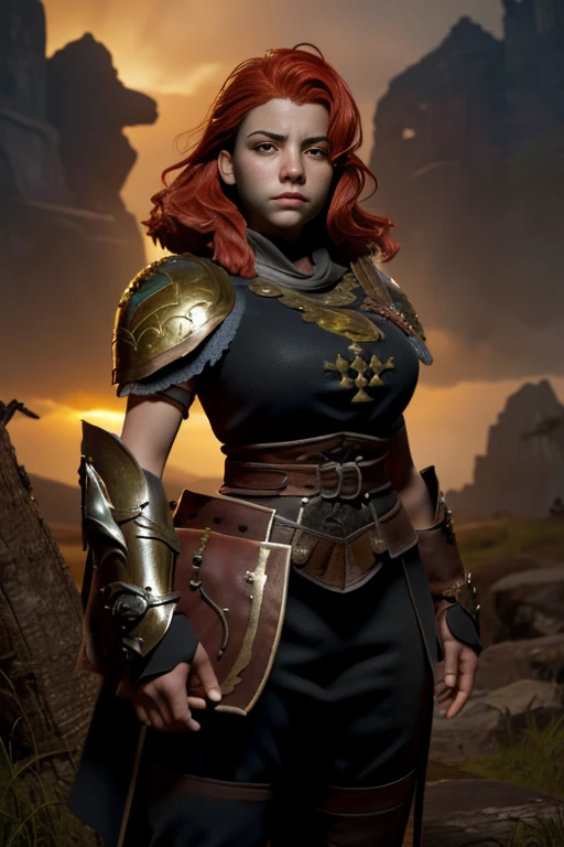 (Young 19 year old woman), (Caucasian with fiery red hair, ojos brillantes, expresiones faciales feroces) (imagen de cuerpo completo) (cuerpo delgado: 0.8) (pechos enormes: 1.5) (armadura medieval de guerrera intrincadamente detallada, capa forrada de piel, corona enjoyada), Their armor is rusted by leaves and wood. seria, extremadamente barroca, rubor suave y cara bonita, postura de ataque, hilt, sosteniendo una cimitarra, Full Scene Action, fondo de bosque, luz solar tenue, verdor, Heroic Fantasy Style, Dramatic lighting with strong contrasts of light and shadow, (obra maestra: 1.4), (fotorrealista: 1.2), (la mejor calidad), (8k), (cinematography lighting) (foco nítido), (epic composition) (Super detail), (ultra HD), Funny whimsical epic movie poster, (disparo a nivel de los ojos) , (Pro Lighting: 1.25)