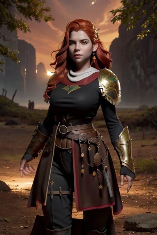 (Young 19 year old woman), (Caucasian with fiery red hair, ojos brillantes, expresiones faciales feroces) (imagen de cuerpo completo) (cuerpo delgado: 0.8) (pechos enormes: 1.5) (armadura medieval de guerrera intrincadamente detallada, capa forrada de piel, corona enjoyada), Their armor is rusted by leaves and wood. seria, extremadamente barroca, rubor suave y cara bonita, postura de ataque, hilt, sosteniendo una cimitarra, Full Scene Action, fondo de bosque, luz solar tenue, verdor, Heroic Fantasy Style, Dramatic lighting with strong contrasts of light and shadow, (obra maestra: 1.4), (fotorrealista: 1.2), (la mejor calidad), (8k), (cinematography lighting) (foco nítido), (epic composition) (Super detail), (ultra HD), Funny whimsical epic movie poster, (disparo a nivel de los ojos) , (Pro Lighting: 1.25)