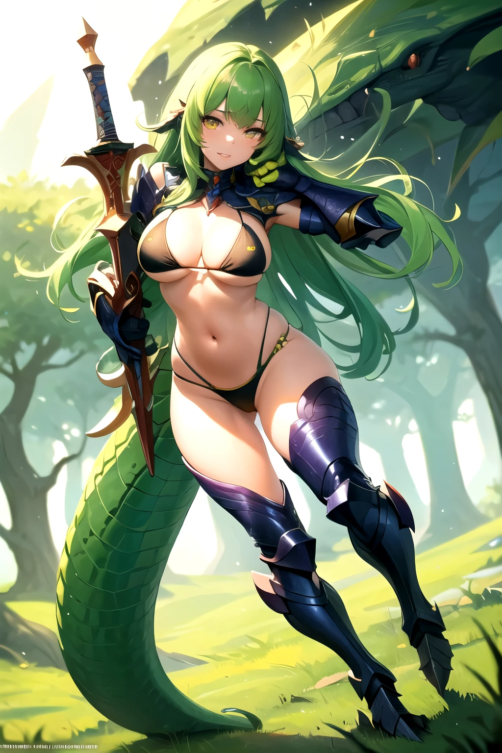 masterpiece, best quality, 1girl, detailed face, full body, lizardman girl, green scales on the body, green hair, long hair, yellow eyes, big boobs, black bikini armor , sword in right hand