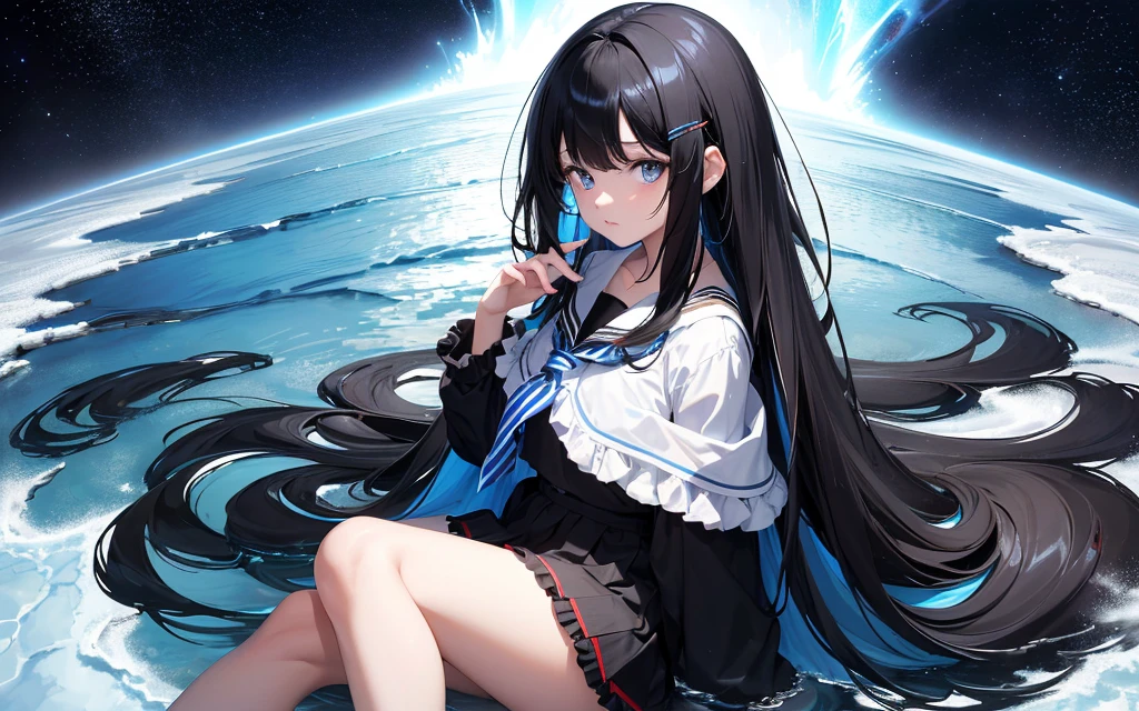 absurdres, highres, (official art, beautiful and aesthetic:1.2), (close view:1.15),
(1girl, black hair, long_hair,  Bangs have a hair clip on the right side of the bangs,blue eyes, shining eyes, ,Black and red striped school skirt, Blue Frill,:1.2)
blue sky, Sparkling Galaxy, (Salar de Uyuni:1.2), (fractal art:0.8),
water effects, ripple effectlower effects:0.65), light effects,