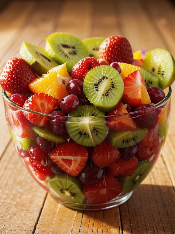 A vibrant fruit salad with kiwi, strawberry, orange, and grape: illustration, high-res, ultra-detailed, vivid colors, bokeh, photorealistic lighting, juicy fruits, refreshing summer colors.