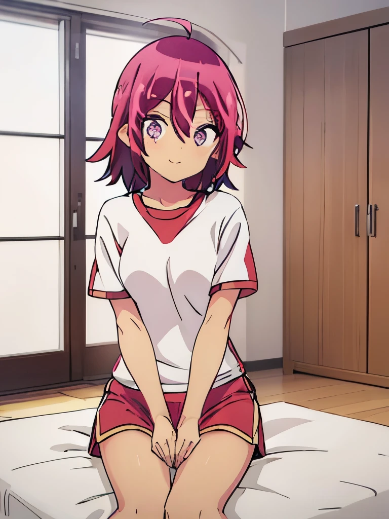 ((masterpiece)), ((best quality)), (ultra-detailed), anime style, on the bed, a cute girl, 1girl, solo, gym shorts00, ((beautiful eyes))0, smile