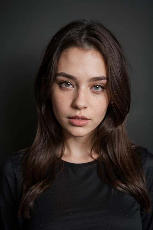 ((best quality)), ((masterpiece)), (detailed), perfect face realistic photo of beautiful woman with long dark brown hair, Russian, influencer, light freckles, dark brown eyes, big lips, no makeup, insagram, standing next to black wall, wearing sexy night clothes
