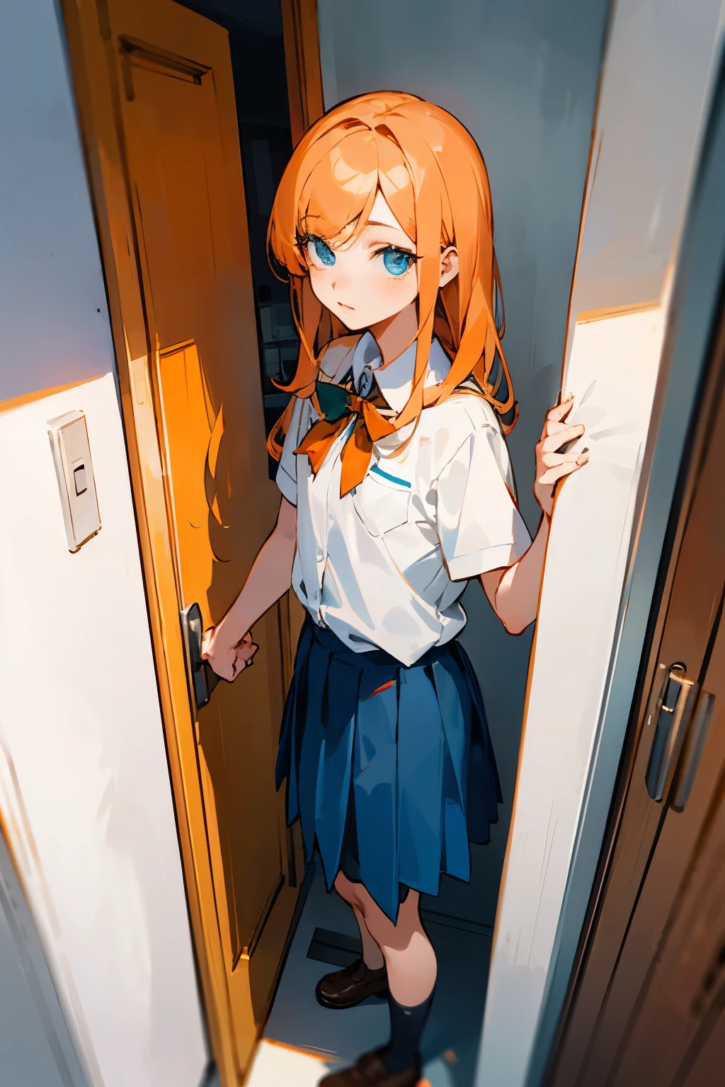 a 12 year old girl in a school uniform, cabello lacio color naranja opaco, largo, blue eyes standing in the doorway of a house with a small green eyed orange cat, estilo anime