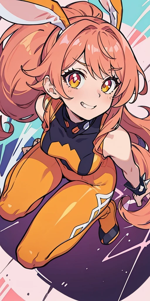 ((Best Quality)), ((Masterpiece)), ((anime)) tsuka kendou, 1woman, cute face, determined look, smile, long_legs, full_body, mature female ((spiky orange-pink hair,))((orange-pink mullet 1.1)), (long hair), bright cyan_eyes, (yellow_pupil,) hero, sleeveless blue_spandex_bodysuit, long orange-pink rabbit_ears, colored concept art, highly detailed character design, highly detailed face, Vivid and colorful colors, Delicate lines, (studio trigger style) (by Hiroyuki Imaishi)