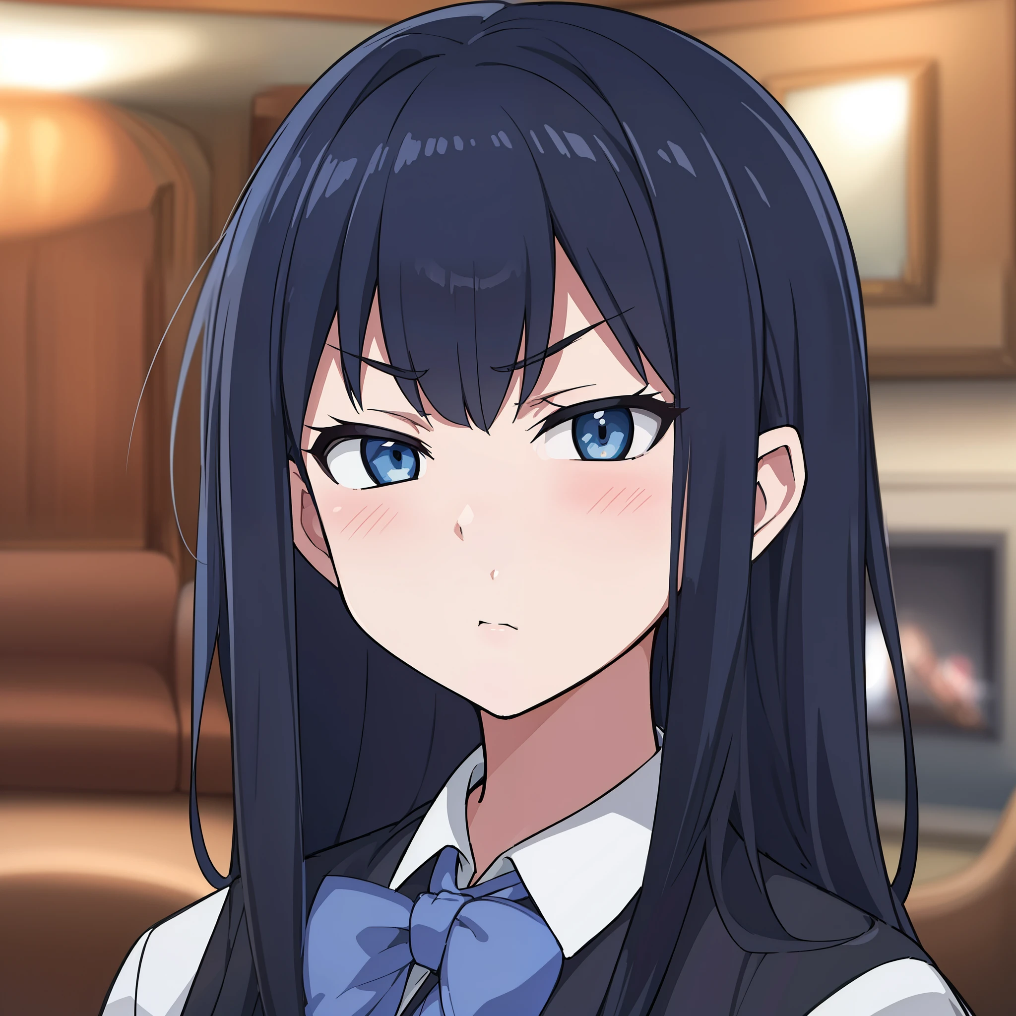 hiquality, tmasterpiece. the anime. (one girls) aristocrat. dark colored hair. gray eyes. Sullen face. Black Collet. white  shirt. bow. Against the backdrop of a luxurious room. fireplace. Sofa. PICTURES. The door. carpet.