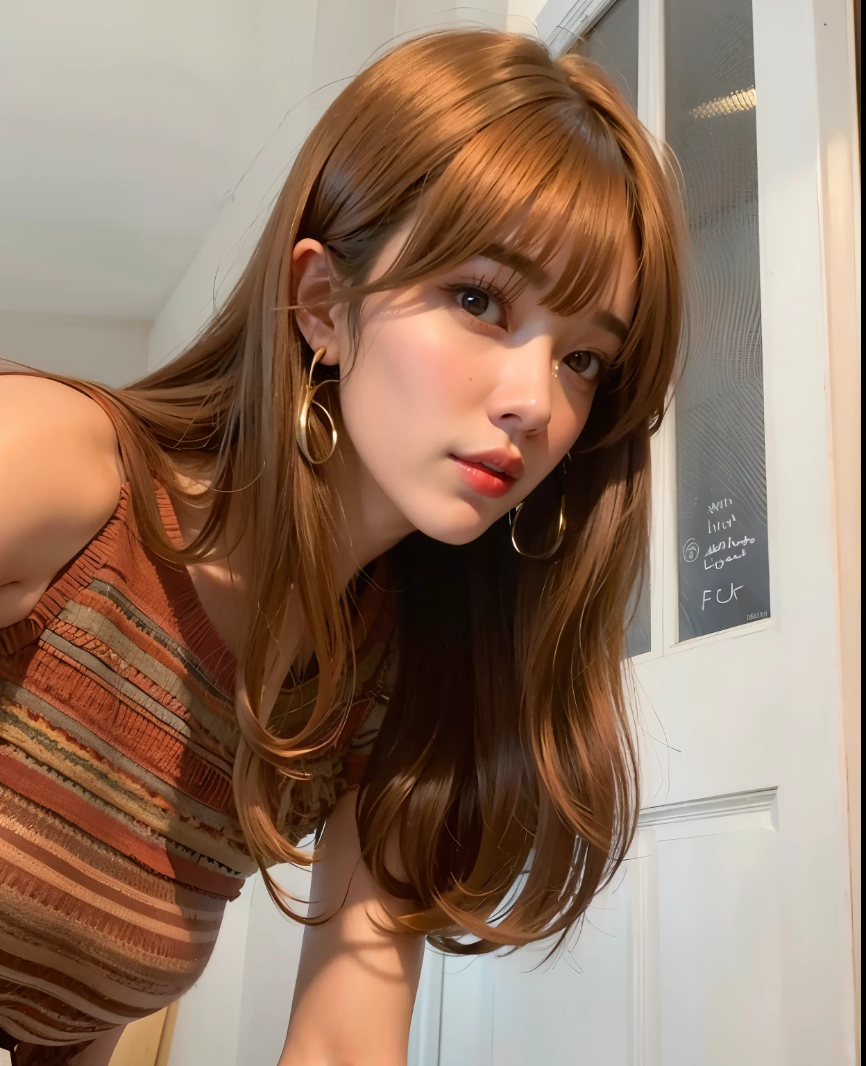 there is a woman that is looking at a cake on the table, brown bangs, neat hair with bangs, curtain bangs, brown hair with bangs, brown hair and bangs, long hair with bangs, brown long hair with bangs, fluffy bangs, long bangs, brown hair fringe, long hair with full bangs, with bangs, rusty colored long hair, big brown fringe, joy red velvet