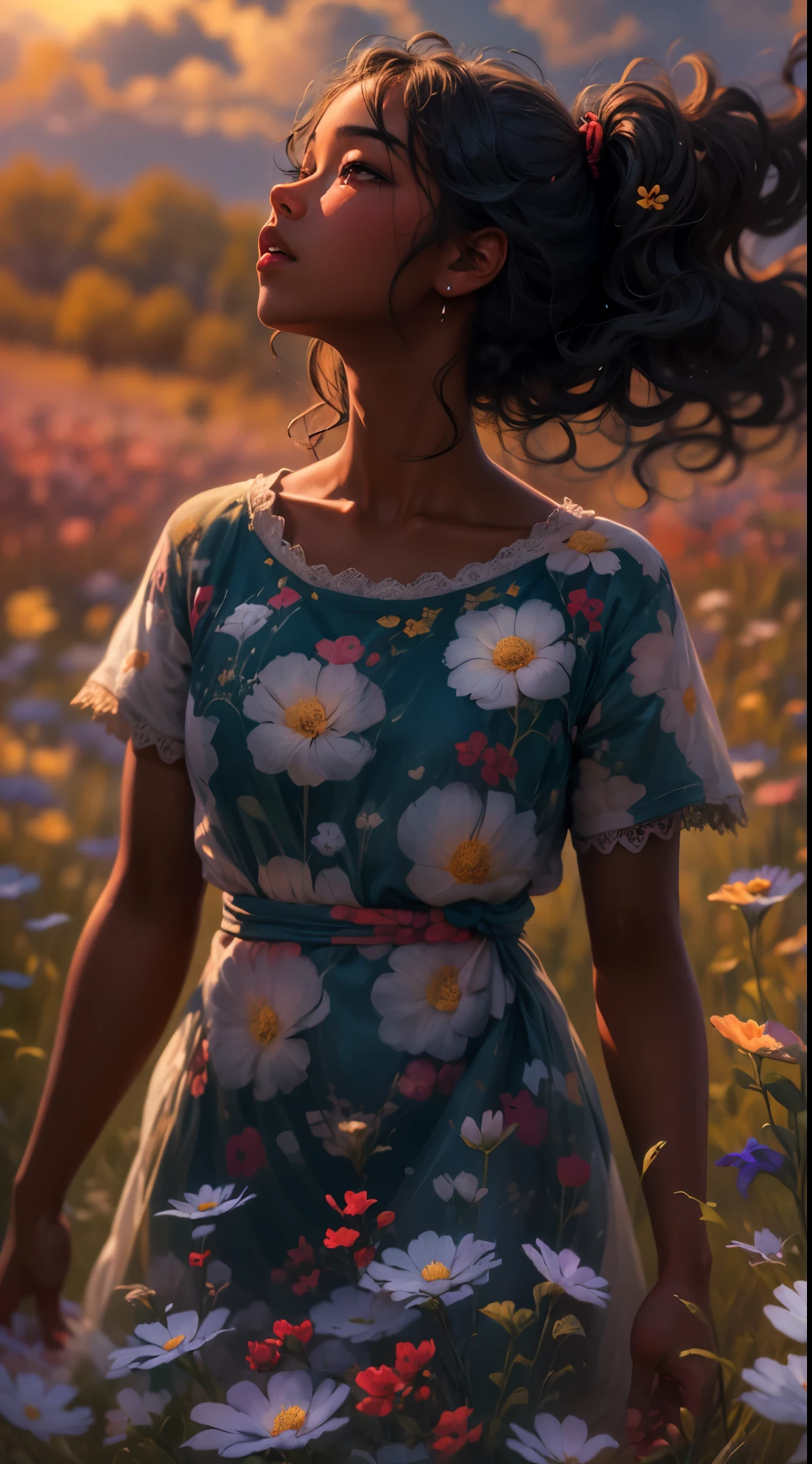 (masterpiece, best quality)There is a black girl ((dark skin)) wavy hair, clear detailed face, standing in a wildflower field looking up at the sky, a girl standing in a flower field, a girl walking in a flower field, lost in a dreamy wonderland, standing in a flower field, fantastic digital painting, the sky gradually clears, the starry sky gradually recedes, art by Laura Diehl Yaoyao Ma Van As