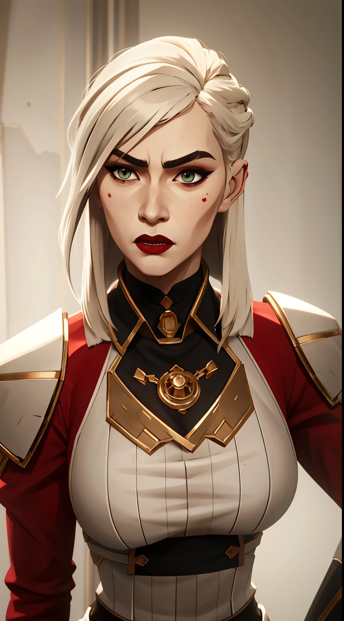 (masterpiece:1.2, best quality), (real picture, intricate details), 1lady, solo, upper body, casual, long hair, heavy makeup, white face, red lipstick, red eyeshadow, natural fabrics, close-up face, serious, warrior, female warrior, armour, really long light platinum blonde hair, bangs, platinum blonde voluminous hair, green eyes, big breasts, big tits, bangs on forehead, Korean bangs, cute bangs, mature face, 1, 1 female, 1 woman