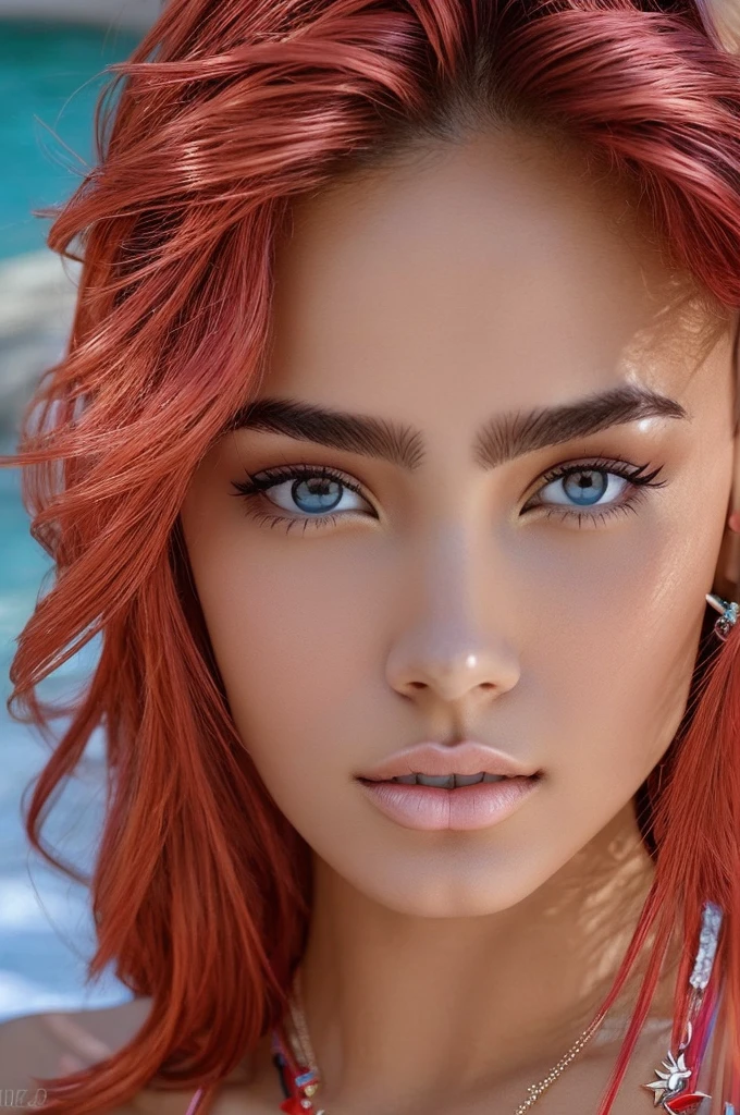 1girl, very beautiful 18 year old young woman, largo cabello rojo brillante, ojos azules brillantes, con cuernos en su cabeza con las puntas doradas, retrato parte frontal de mujer sexy con alas en su espalda, joyeria de oro y rubies , con algynas esmeraldas brillantes colores, la mejor calidad 8k hd high definition, rostro perfecto ultra detallado la mejor calidad, manos perfectas la mejro calidad y detalle, ojos hermosos ultra detallados