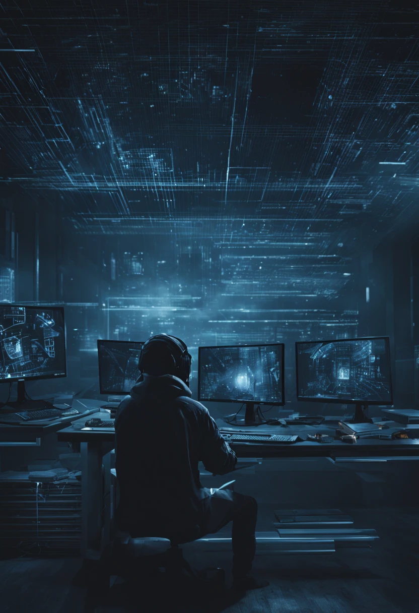 Vue de dos,Un hacker est assis à dos, avec des écrans de devant lui. Des néons illuminent la pièce, créant une ambiance sombre avec de légères traces de fumée. Des reflets des néons se dessinent sur les murs. Cybercrime, cyberspace, cyberpunk, cryptography effects on the walls. Smoke effect around the hacker. View from the back.