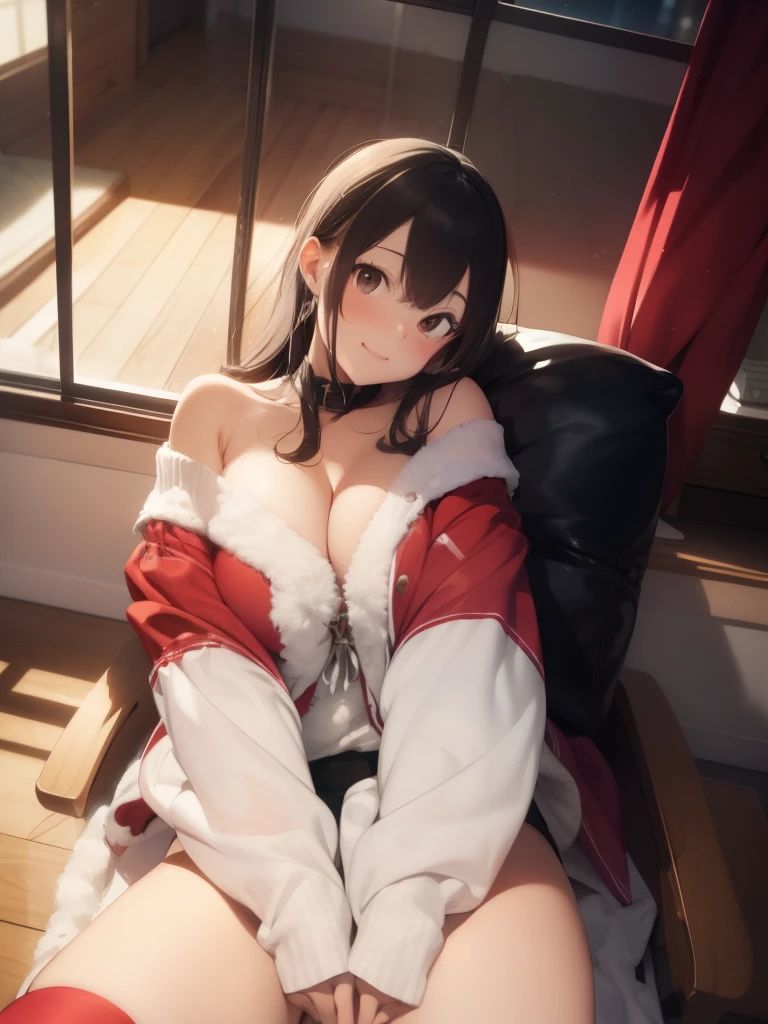 ultra-quality, ultla highres, Hyper Detailed, High contrast, Ultrafine Strike, creative refinement,A dark-haired,ssmile,Santa Claus Costume,Show cleavage,livingroom,5 fingers