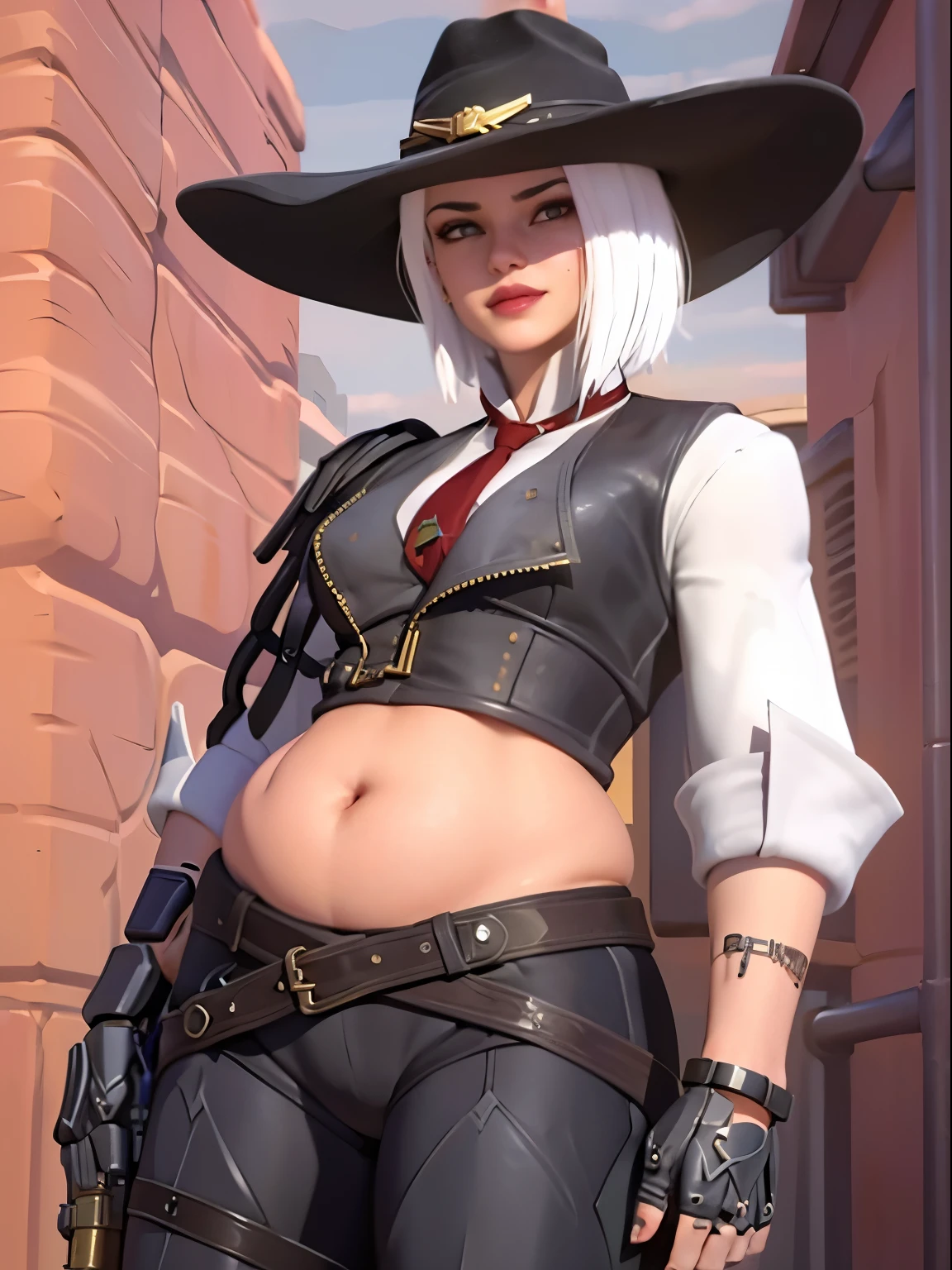 realistic, realism, photorealism, photo-realistic, high contrast, (photorealistic:1.4), 8k high definition detailed realistic, (best quality, masterpiece:1.2), ????,  photon mapping, radiosity, physically-based rendering, best quality, highly detailed, 1girl, 3d, owash, short hair, white hair, cow boy hat,  vest, red eyes, necktie, smile, standing,  ((city, street, store)),cow boy pose, hand on the belt, chubby belly