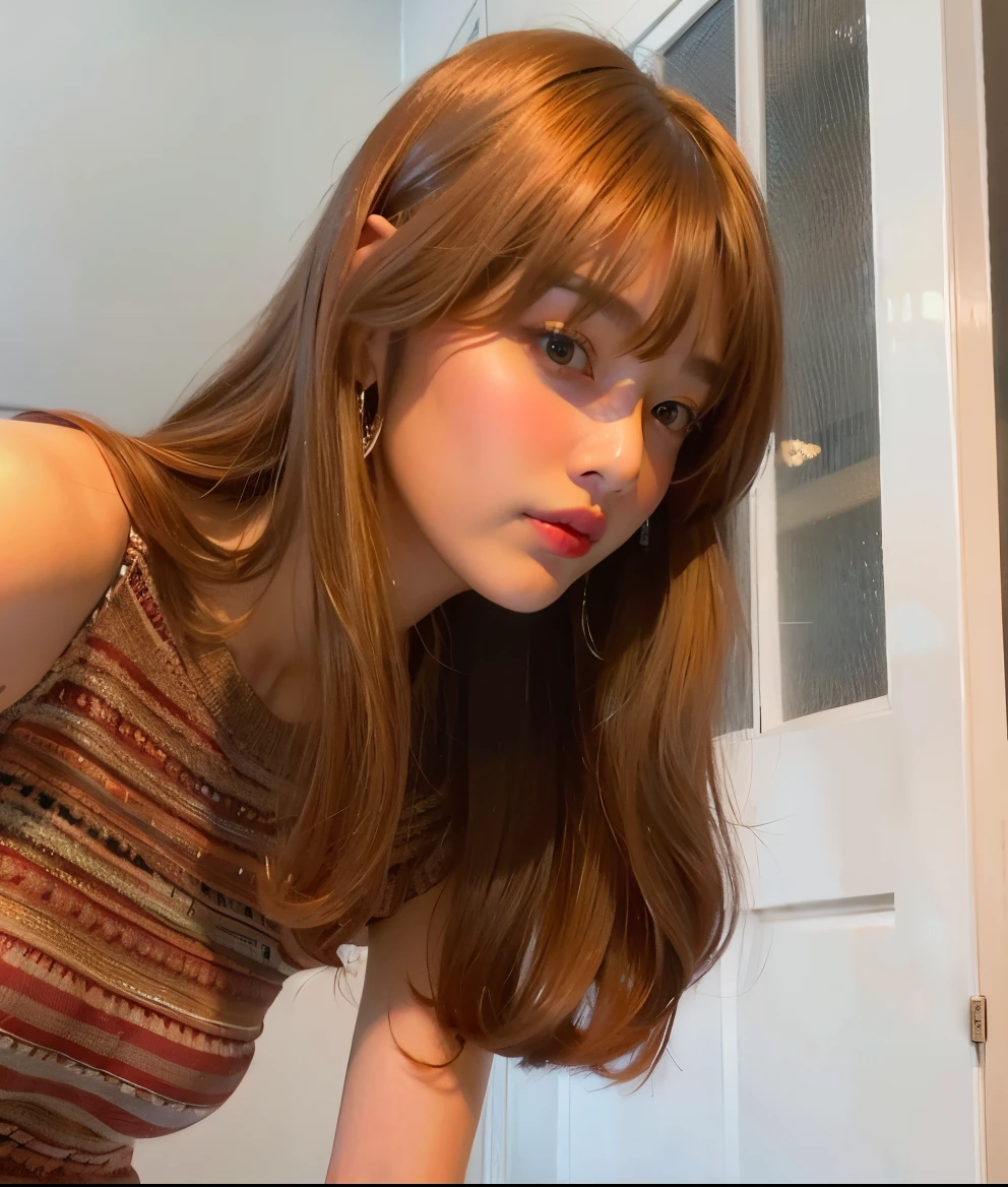 there is a woman that is looking at a cake on the table, brown bangs, neat hair with bangs, curtain bangs, brown hair with bangs, brown hair and bangs, long hair with bangs, brown long hair with bangs, fluffy bangs, long bangs, brown hair fringe, long hair with full bangs, with bangs, rusty colored long hair, big brown fringe, joy red velvet