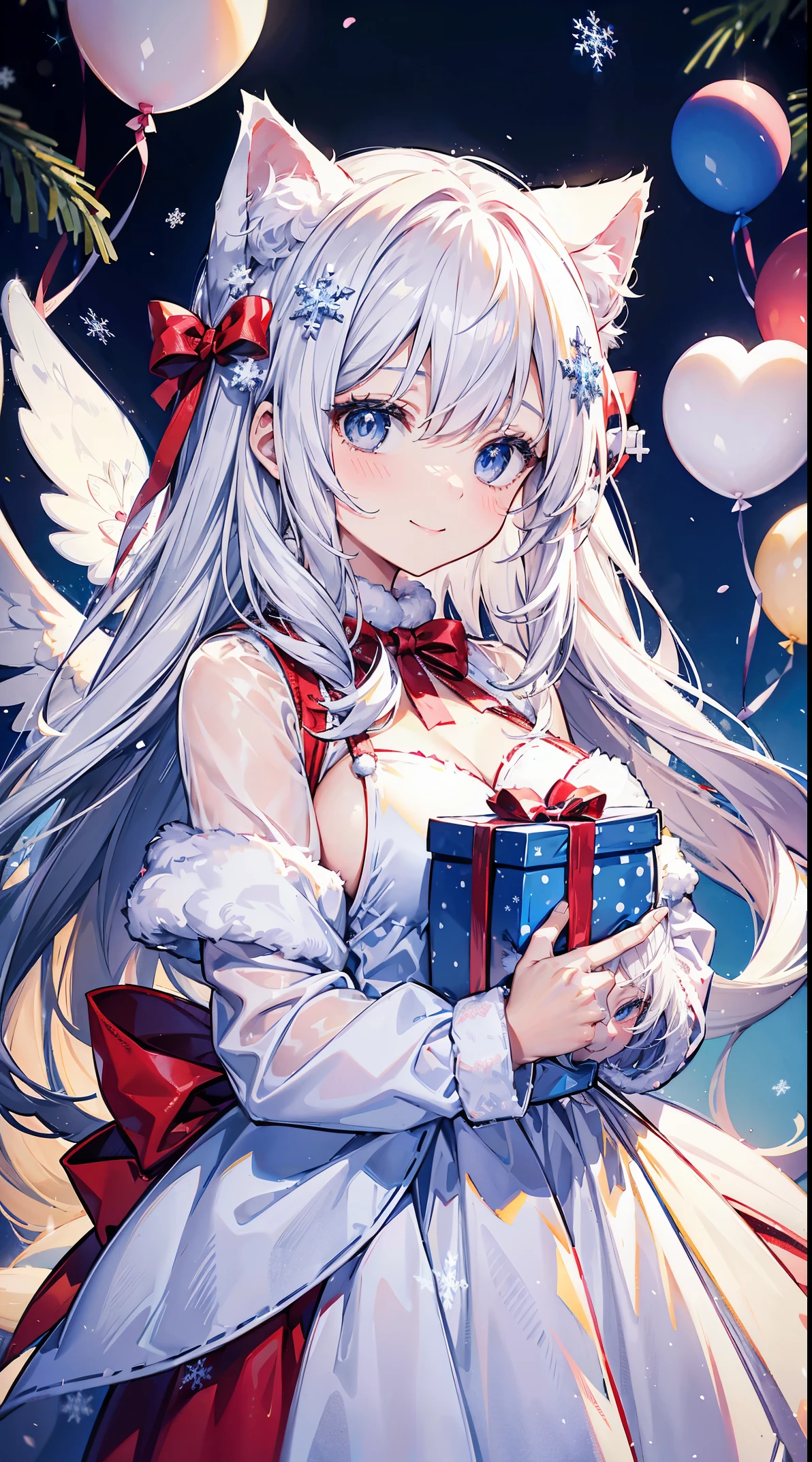 27 year old woman with white cat ears、Dainty and beautiful、Gray long hair、Blue eyes、Angel wings on the back、cute santa cosplay、Happy smile、Holding a present in hand、In the background there is a Christmas tree, snowflakes and pink heart-shaped balloons