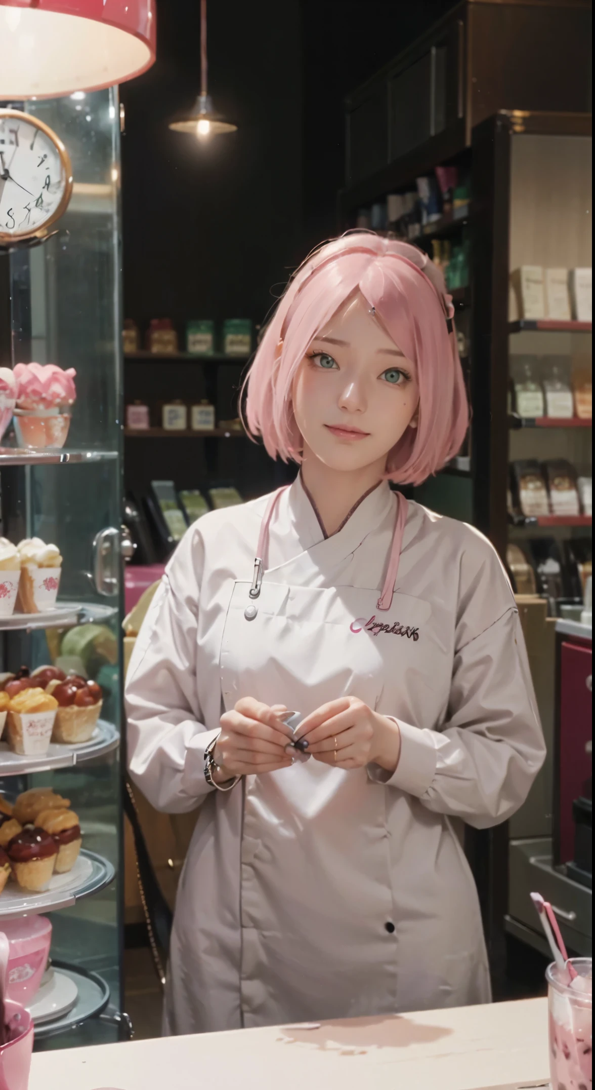 masutepiece、hight resolution、The Cream Shop of the Future、 cream shop clerk、30-year-old girl、1Girl clerk、Looking at the camera、smil、Finish as shown in the photo、the skin is white and beautiful、inner colored、pink hair