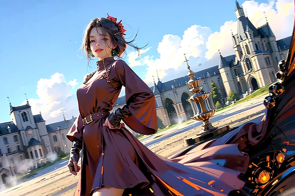 ((masterpiece,best quality)), 4k, highres, 1girl, solo, smile, brown dress, (perfumer outfit2:1.2),