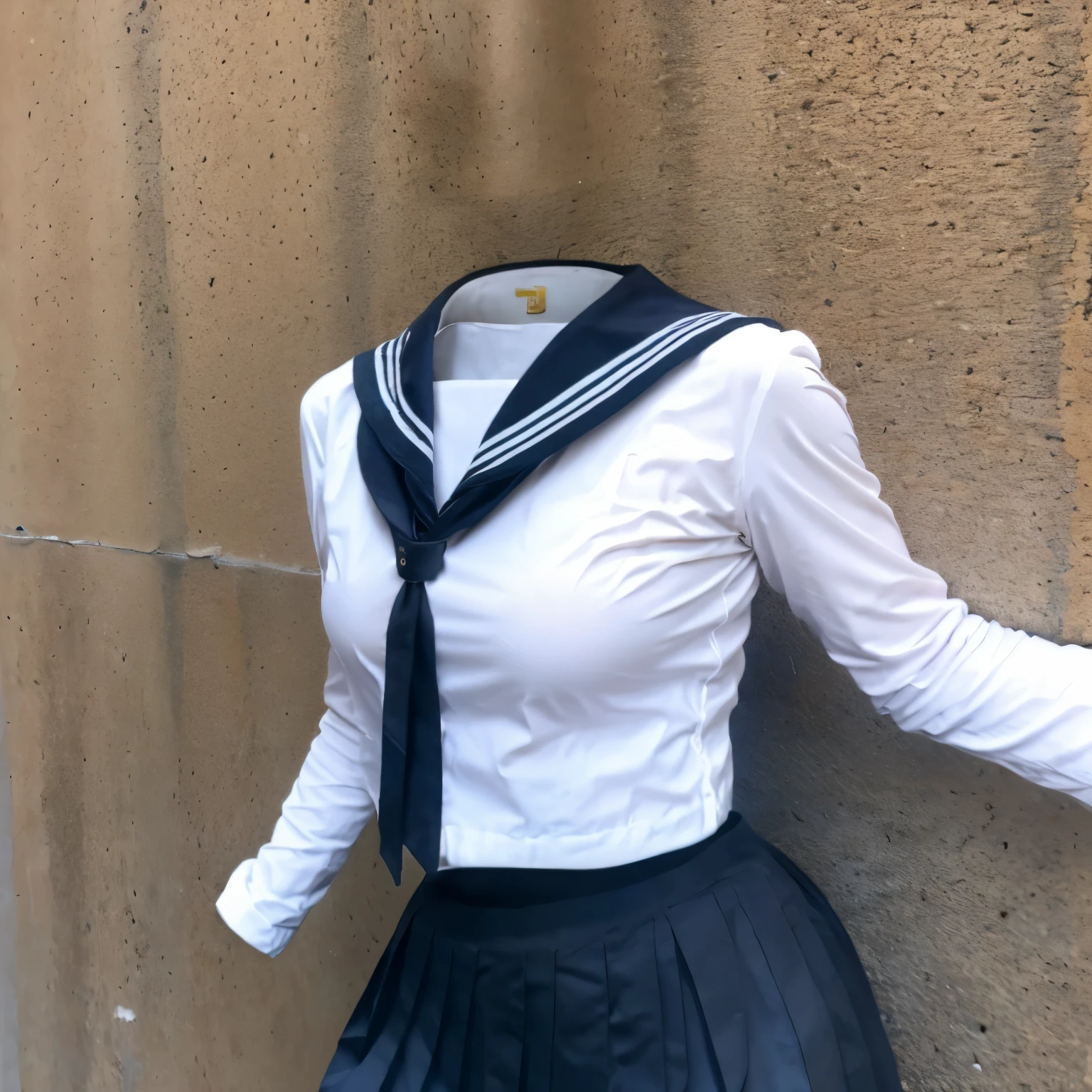 chubby, fat, school uniform, long sleeves, pleated skirt, miniskirt, (sailor suit), cute pose, (invisible, no humans, headless, faceless:1.5), (close-up to breasts), cute big breasts, (8k, RAW photo, best quality, masterpiece, high resolution, extremely detailed CG:1.2), (realistic, photo-realistic:1.37), photon mapping, radiosity, ((Hasselblad photography)), physically-based rendering