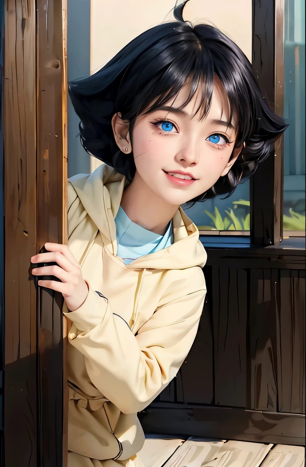Turns every photo work art ,of a woman with long black hair and a pink shirt, she has a distant expression, semi realistic anime, in an anime style, semirealistic anime style, she has black hair, in anime style, (blue eyes:1.3), blunt bangs ,Uzumaki Himawari ,realistic ultra high qualiti detail images HD Restoration ,Ai,filter ,super detail clothes ,eliminates to enchance igamages quality