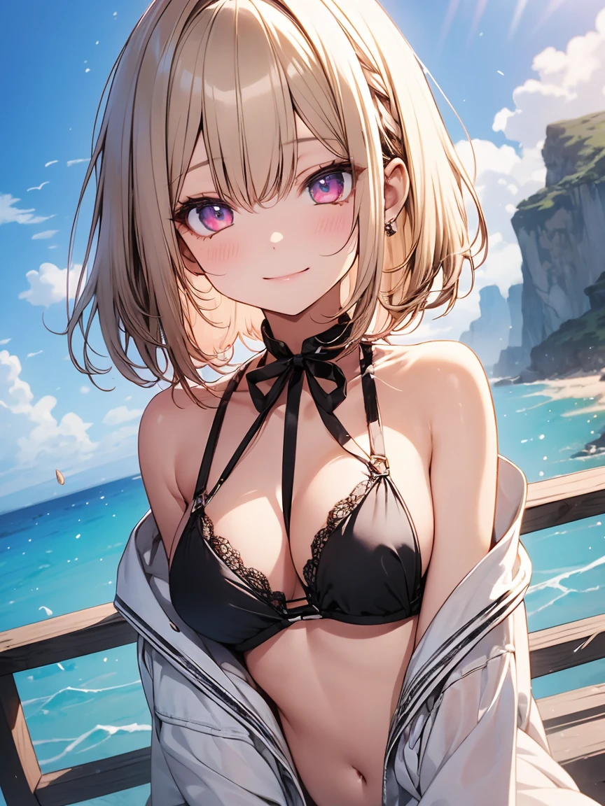 masterpiece, absurdres, best quality, ultra detailed, high Resolution, detailed illustration, extremely beautiful detailed face and eyes, bright colour, 1girl, (), cute face, Delicate beautiful face, magenta eyes, cute eyes, sparkling eyes, big eyes, medium breasts, (perky breasts:1.1), (pointy breasts:1.1), medium hips, glamorous body, white skin, smile, BREAK, long bob cut, (blonde hair:0.8), messy hair, detailed hair, shiny hair, BREAK tiny ribbon, bikini, at beach, real world, natural lights, perfect lighting,