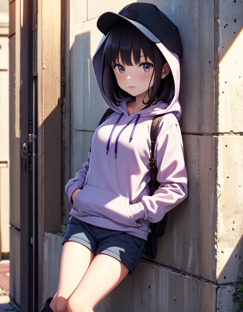 masutepiece, Best Quality, {Best Quality}, {{masutepiece}}, {hight resolution}, Illustration, 1girl in, Inoue Takina, bob katan, Black hair, (Purple eyes:1.2), blush, Blue Hoodie,shortpants,he wears a hood over his hat.,I have my hands in my pockets,White knee-high socks,Short boots,inflate gum,Leaning against the wall,Looking at Viewer,In the street,