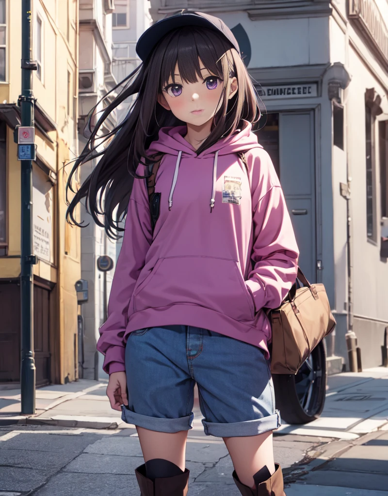 masutepiece, Best Quality, {Best Quality}, {{masutepiece}}, {hight resolution}, Illustration, 1girl in, Inoue Takina, bob katan, Black hair, (Purple eyes:1.2), blush, Blue Hoodie,shortpants,he wears a hood over his hat.,I have my hands in my pockets,White knee-high socks,Short boots,inflate gum,Leaning against the wall,Looking at Viewer,In the street,