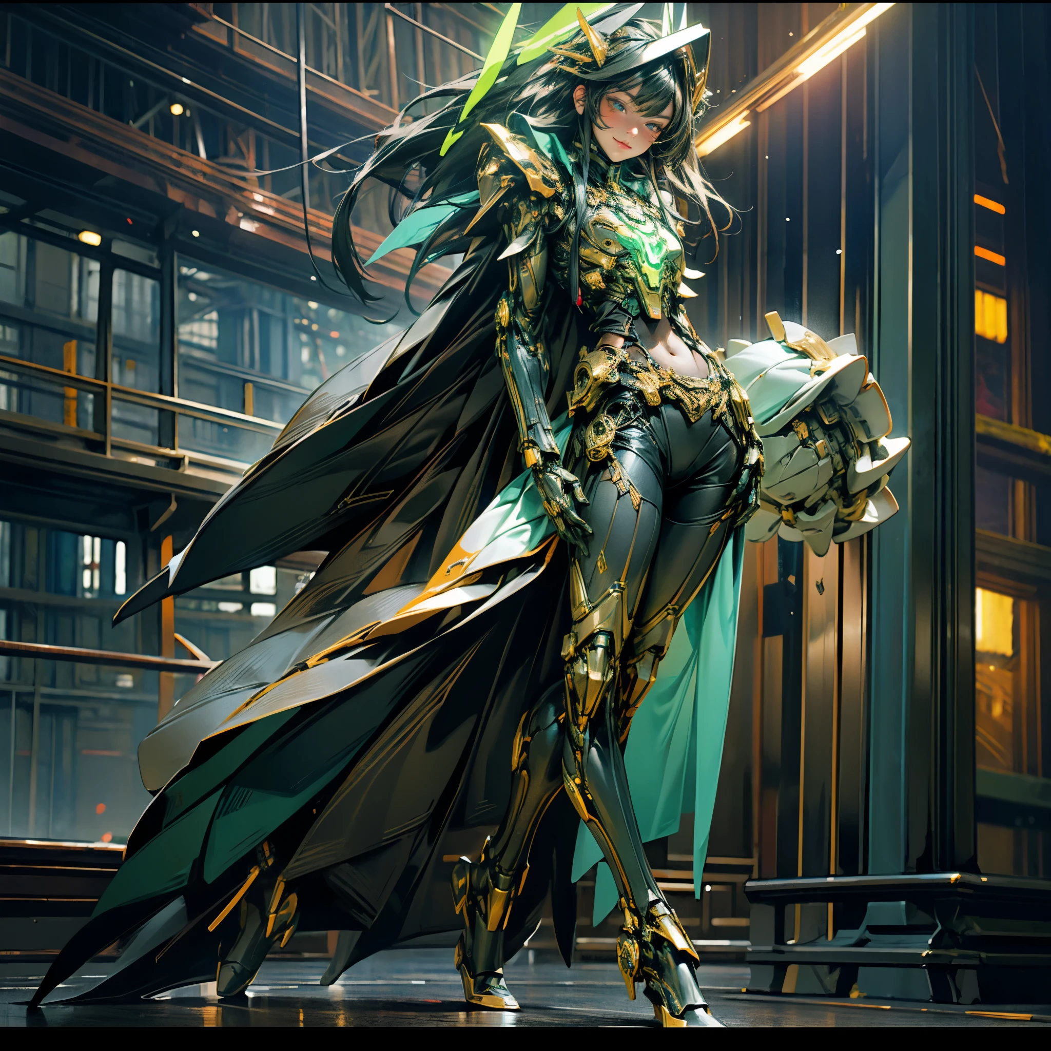 (realistic:1.2), masterpiece, Cinematic lighting, Biomechanical goddess, dynamic action pose, full body image, Long dark hair. Subtle smile. Black and orange military-style, protective outer mecha layers cover most of her body, covering her body's inner mechanisms. Visible inner mechanisms on her body comprise pneumatic pistons, wires, and components, beneath the outer plating. Bright, glowing neon blue and green light emanates from the inner mechanisms. Biomechanical headdress. Dark background.