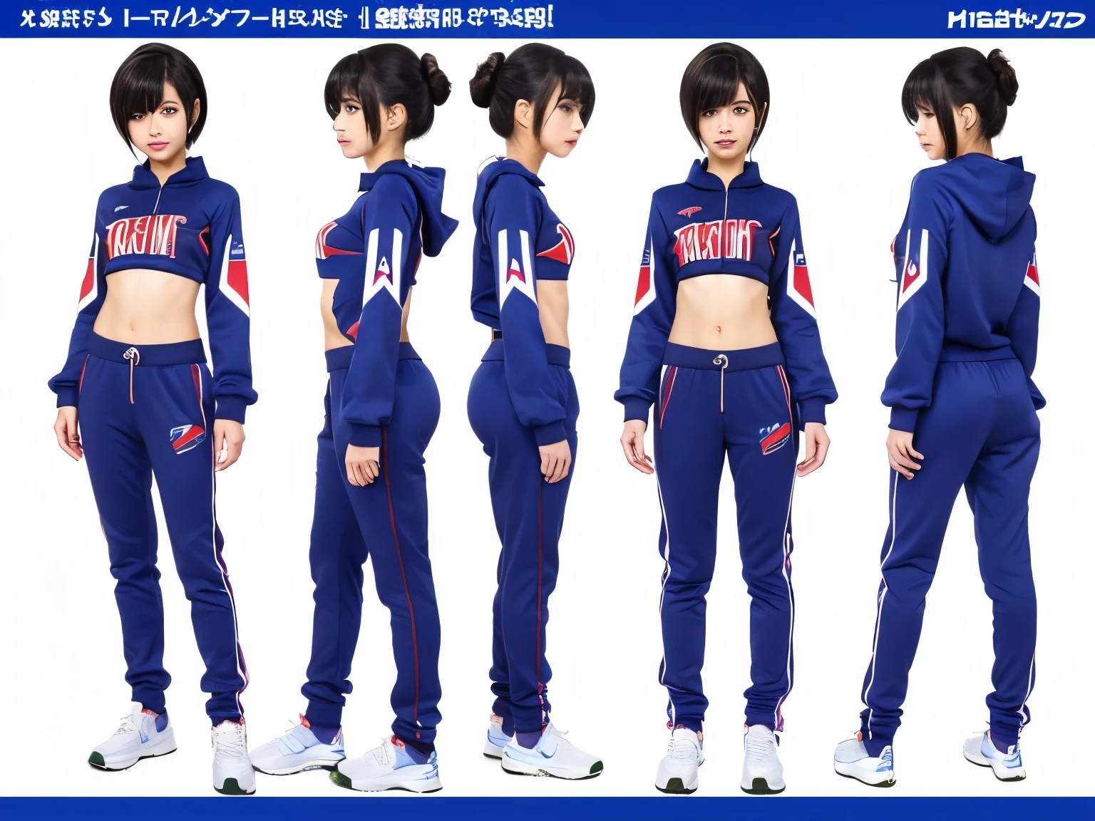 (best quality, masterpiece,(three view drawing, front and back and side, character sheet), anime eyes, cute), 1girl, 15 yo, standing girl, arms down, front and back and side, full body,simple background, short stature, standard body, blue long tracksuit, black hair, short hair, Heart-shaped face woman