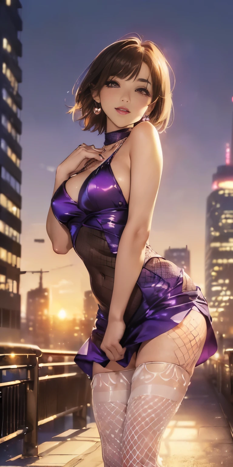 (((Sunset Sunset emphasis Rearward facing Slightly big butt emphasis Butt sticking out、Upper body photo))) ((((Different sexy poses)))))美丽的面容, Highly detailed face and skin texture, (Fine wrinkled eyes, Double eyelids, Thin eyebrows, Glitter Eyeliner: 1.2, Natural cheeks, Shiny skin, Fair skin, (((Purple tight dress, Full body white fishnet tights))), Glitter necklace and earrings, (shiny lips: 1. 4), (Seductive smile), (), (super berry short brown bangs), Short hair, , ((upperbody shot)), ((Focus on chest and face)), medium large breasts, upturned breasts.(((The background is a slightly sepia-toned cityscape.............................)))