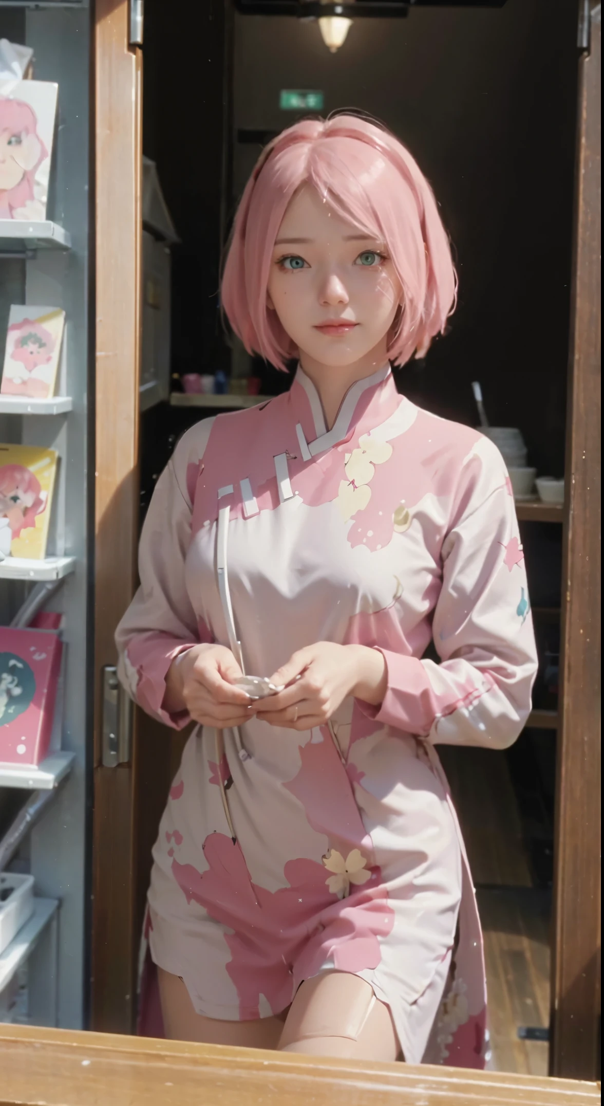 masutepiece、hight resolution、The Cream Shop of the Future、 cream shop clerk、30-year-old girl、1Girl clerk、Looking at the camera、smil、Finish as shown in the photo、the skin is white and beautiful、inner colored、pink hair
