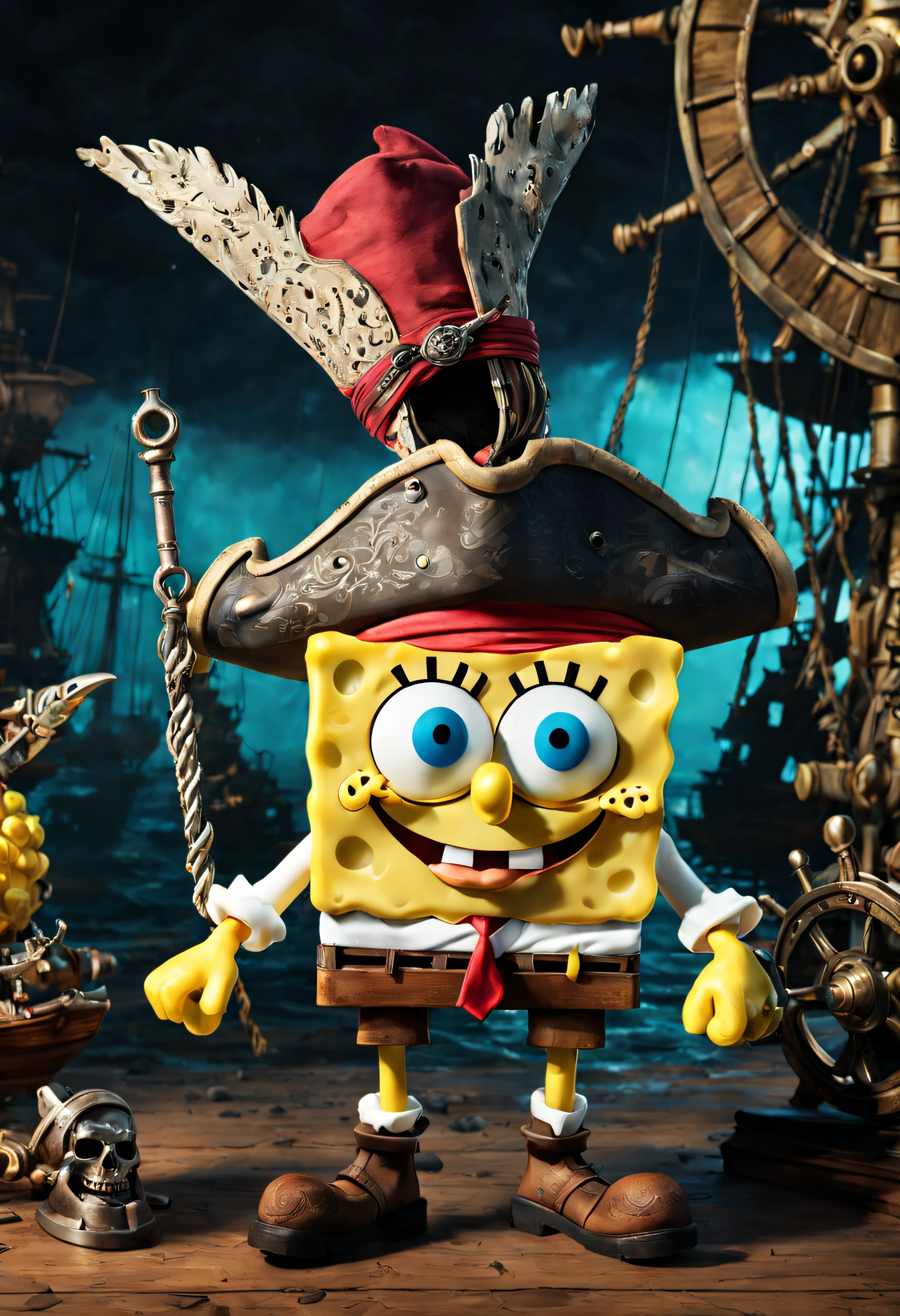 cartoon-style ((SpongeBob SquarePants)) in an ultra-quality representation, wearing clothes and adopting the style inspired by Jack Sparrow, from Pirates of the Caribbean. The background iut the image is rich in detail and quality. Studio lighting enhances each character trait, providing a captivating view. | The composition highlights SpongeBob in the center, displaying his unique pirate style with a characteristic touch of humor. | A masterpiece that unites the animated world of SpongeBob with the intriguing aesthetics of Jack Sparrow, creating a high-quality image and unique character. | {The camera is positioned to capture SpongeBob's full figure, showcasing the detailed clothing and pirate-inspired style, with emphasis on his cartoonish features} | ((perfect_pose)), He is adopting ((dynamic_poses as channels Jack Sparrow's adventurous spirit):1.3), ((full body)), (perfect_fingers:1.0), (perfect_legs:1.0), better_hands, More_Detail.