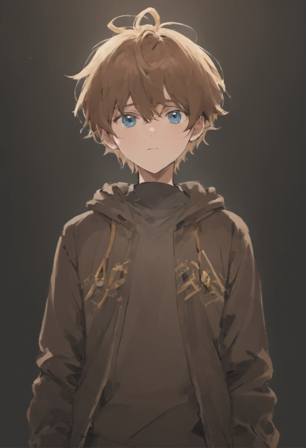 anime boy with blue eyes and brown hair dressed casually standing straight with a pure black backround have him standing facing straight at the camera