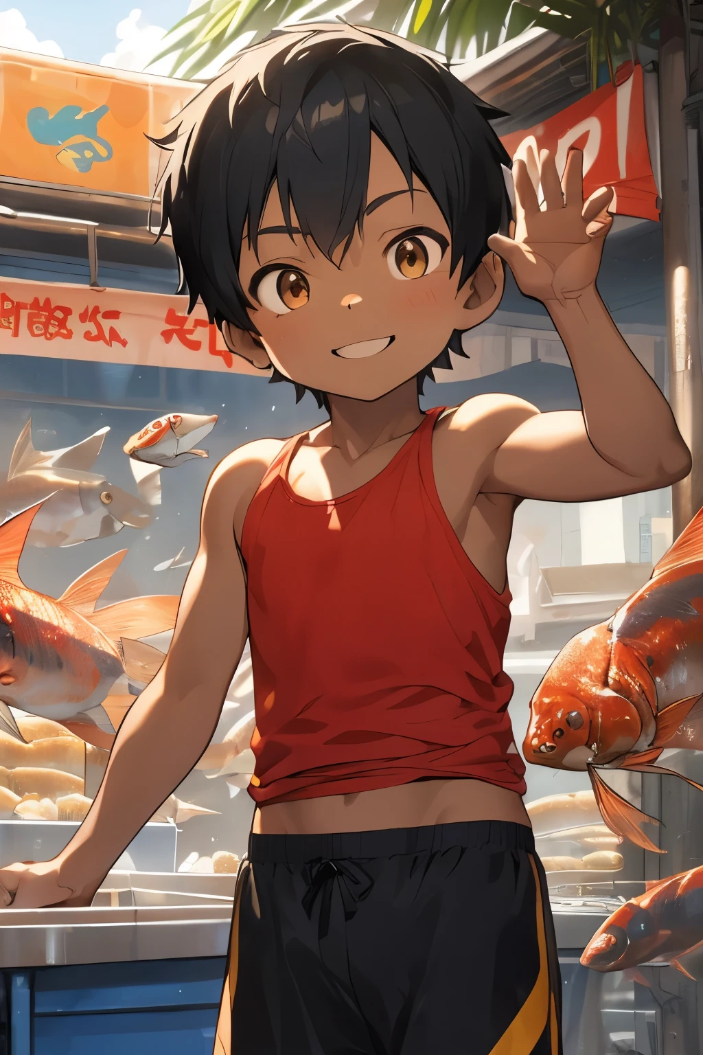 A 10-year-old boy stands in front of a fish stall., Brown-skinned、Black shorthair、Red Tank Top、Raising arms and waving,a smile、 Mr. at the stall々seafood is displayed, attractive and appetizing, Bright atmosphere,sunny sky、In the style of star art group Xing, 32K, Best Quality, masutepiece, Super Detail, high details