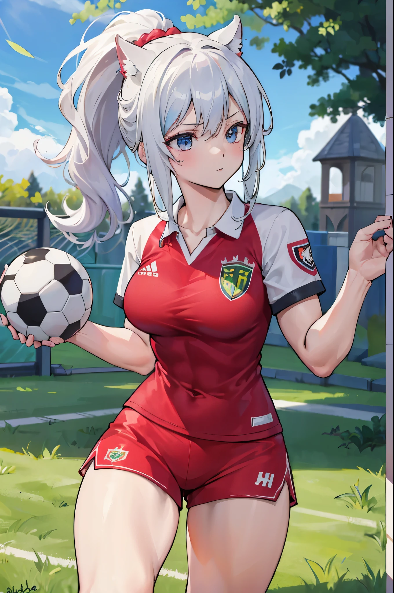 "(best quality,masterpiece:1.2,high resolution),1 girl, (muscular), spiky ponytail, toned body, perky breasts, long hair, (soccer uniform), muscle girl"