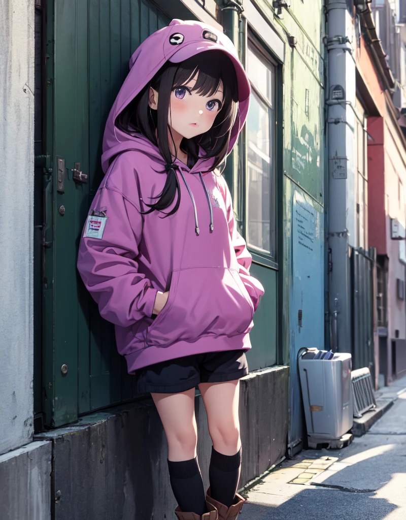 masutepiece, Best Quality, {Best Quality}, {{masutepiece}}, {hight resolution}, Illustration, 1girl in, Inoue Takina, bob katan, Black hair, (Purple eyes:1.2), blush, Blue Hoodie,shortpants,he wears a hood over his hat,I have my hands in my pockets,White knee-high socks,Short boots,inflate gum,Leaning against the wall,Looking at Viewer,In the street,