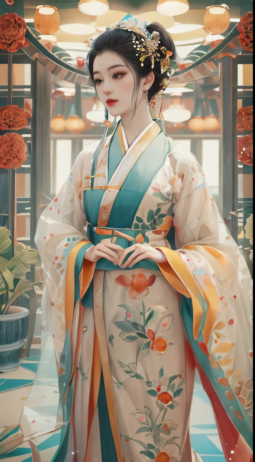 Masterpiece, Professional lighting, photon maping, Radio City, Physically-based rendering,1girll, full bodyesbian,absurderes, A high resolution, skylines, Beautiful detailed sky, Covered ,(Hanfu, Ming style),Yellow eyes,