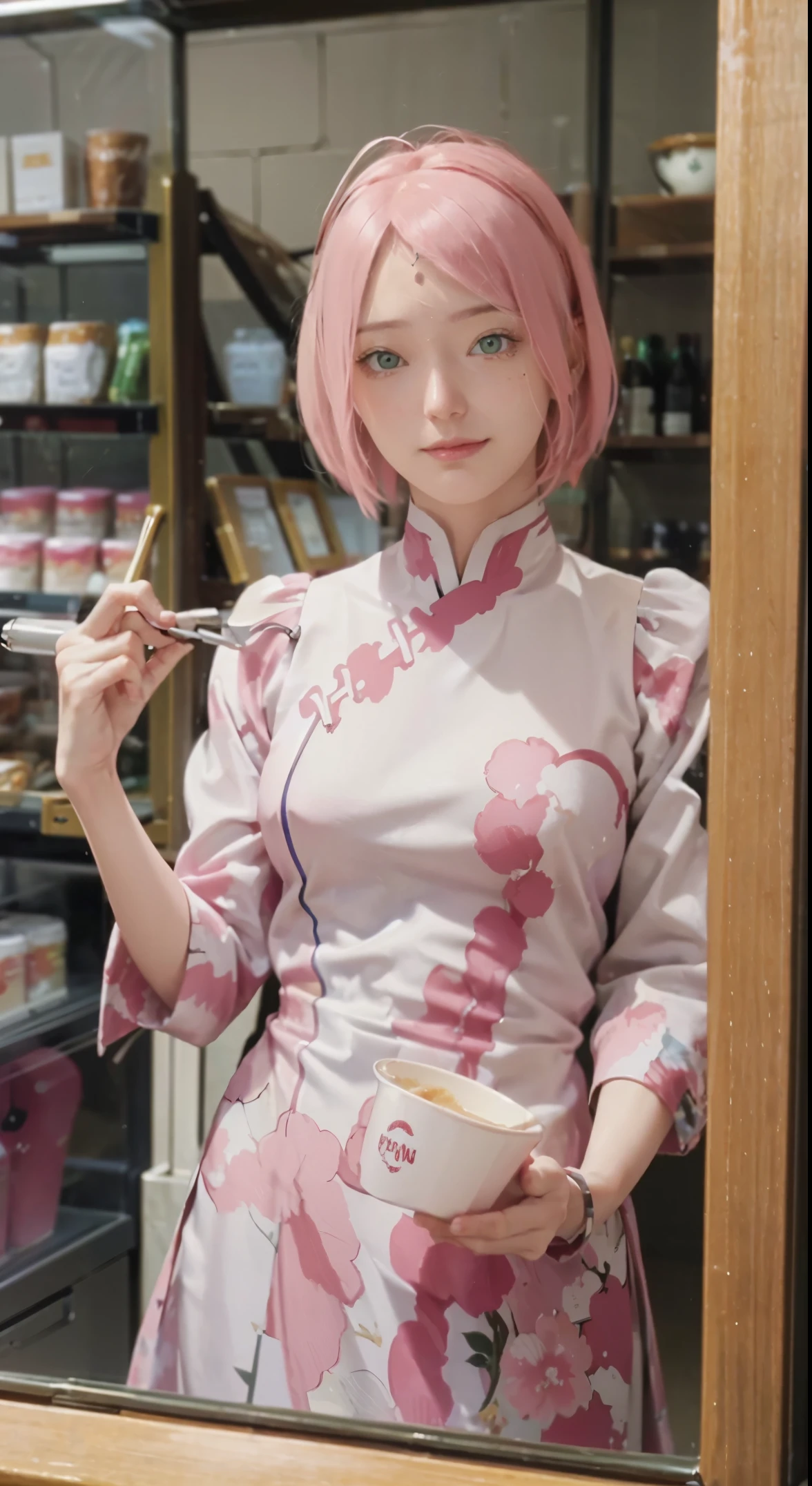 masutepiece、hight resolution、The  Cream Shop of the Future、 cream shop clerk、30-year-old girl、１Girl clerk、Looking at the camera、smil、Finish as shown in the photo、the skin is white and beautiful、inner colored、pink hair