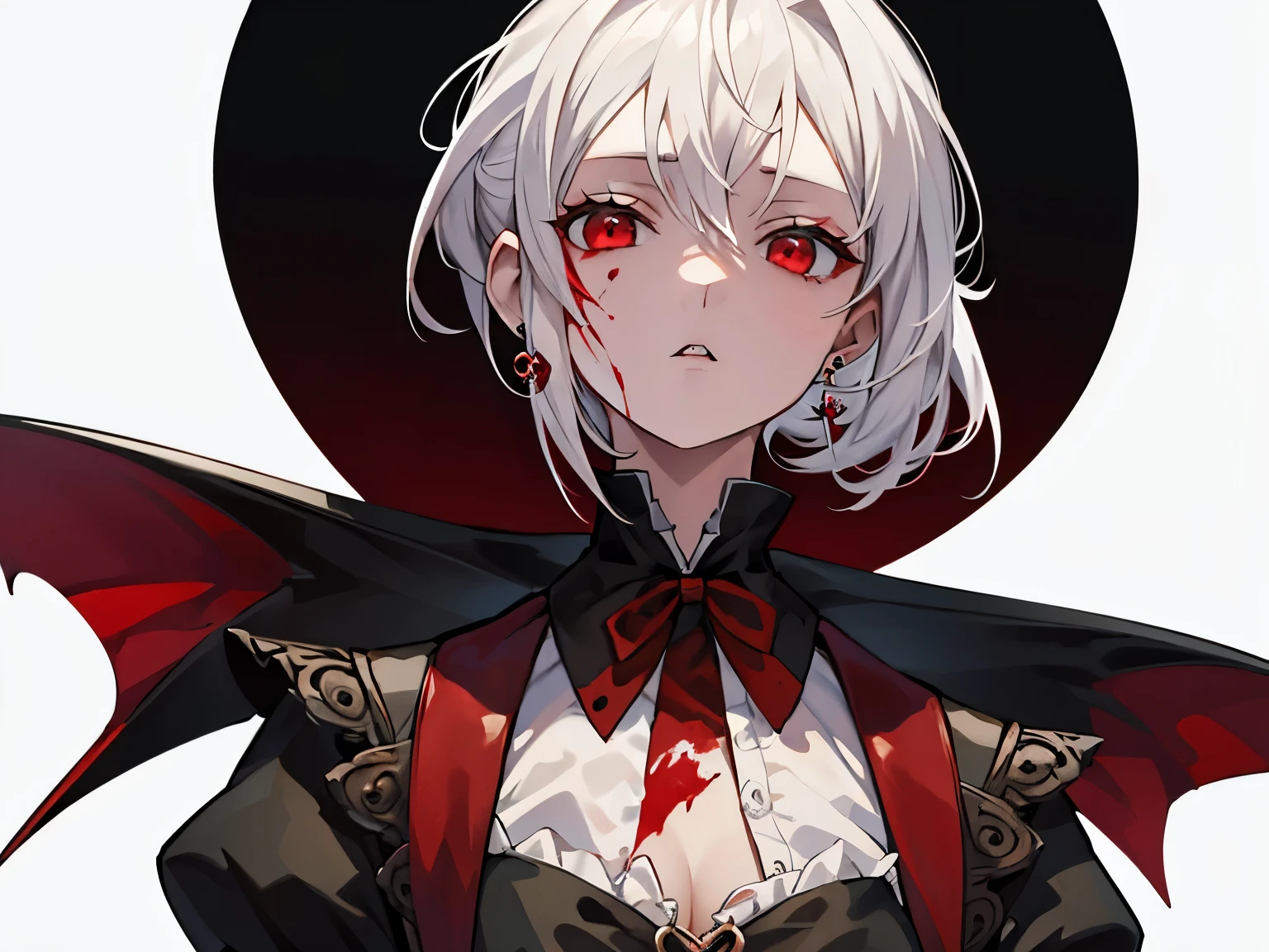 1girl, short white hair, red eyes, some blood on her face, victorian clothes, silver earrings, looking down, vampire aesthetic, 90s anime style, 8k, ultrasharp, masterpiece,