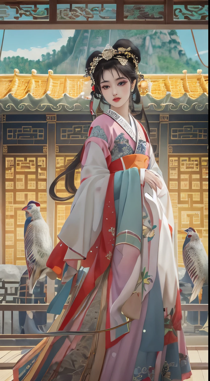 Masterpiece, Professional lighting, photon maping, Radio City, Physically-based rendering,1girll, full bodyesbian,absurderes, A high resolution, skylines, Beautiful detailed sky, Covered ,(Hanfu, Ming style),Yellow eyes,