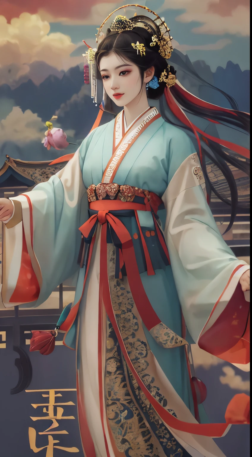 Masterpiece, Professional lighting, photon maping, Radio City, Physically-based rendering,1girll, full bodyesbian,absurderes, A high resolution, skylines, Beautiful detailed sky, Covered ,(Hanfu, Ming style), brown eyes,
