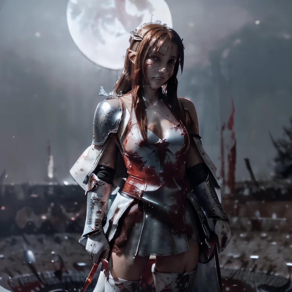 8k,(Asuna(sao): 1.6),one Girl, Solo,(perfect anatomy:1.43), (medium Hair:1.55) ,(Half Up:1.45),Bangs, Brown Eyes,Fine Eyes,(sad smile:1.3),white thighhighs,(Brown Hair:1.6),blood-soaked boots,(18 years old:1.5),Full Body,(fusion of bloody white silver full plate armor and blood-soaked long cape:1.63),(Bare Shoulders:1.5),(mini Skirt:1.26),(holding blood-soaked one rapier:1.43),(standing on moonlit night blood pool battlefield:1.52),Fantasy,(blood effect:1.53),pov,eye-level view,(drop shadow:1.21)