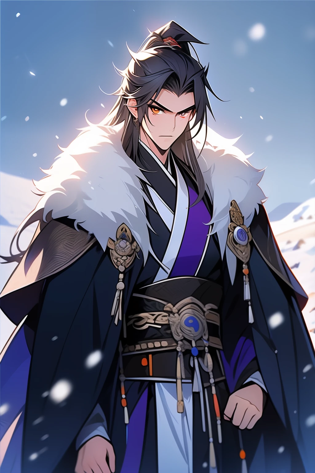 Messy White Hair , Orange eyes , purple martial arts uniform , Snowy background , Snowy wasteland background, Martial arts costumes , 1male people , Complicated details , perfect generation , male people , musculous , poncho